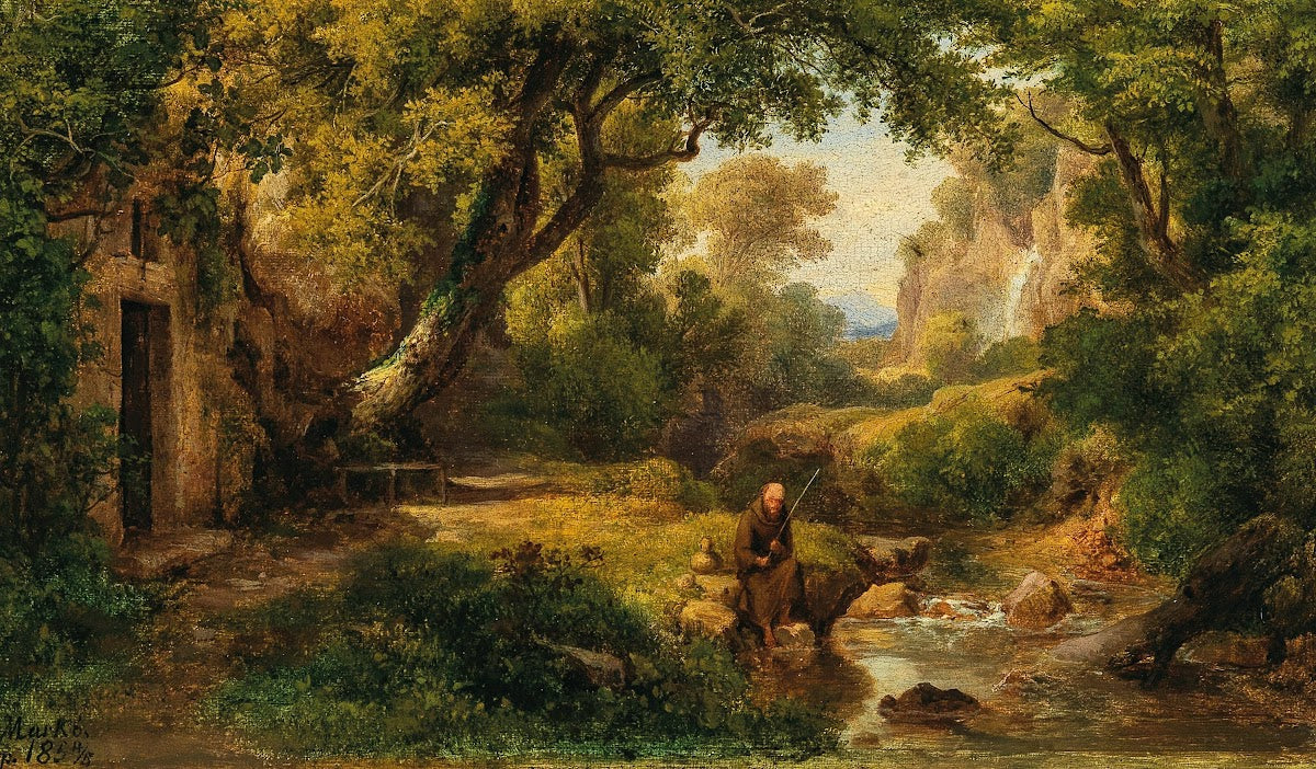 Flusslandschaft mit angelndem Mönch