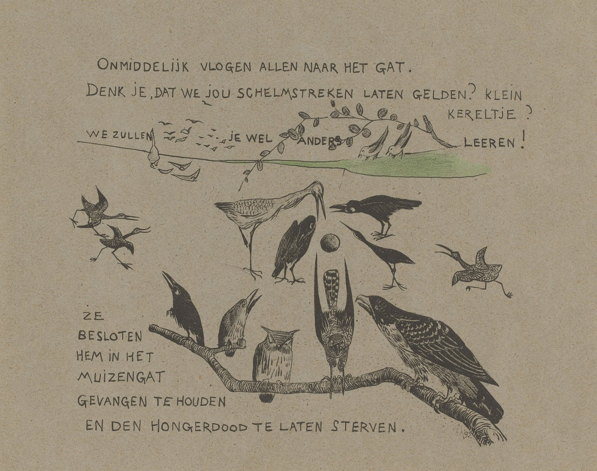 Tekstblad met diverse vogelsoorten bij het muizenhol waarin de winterkoning verd