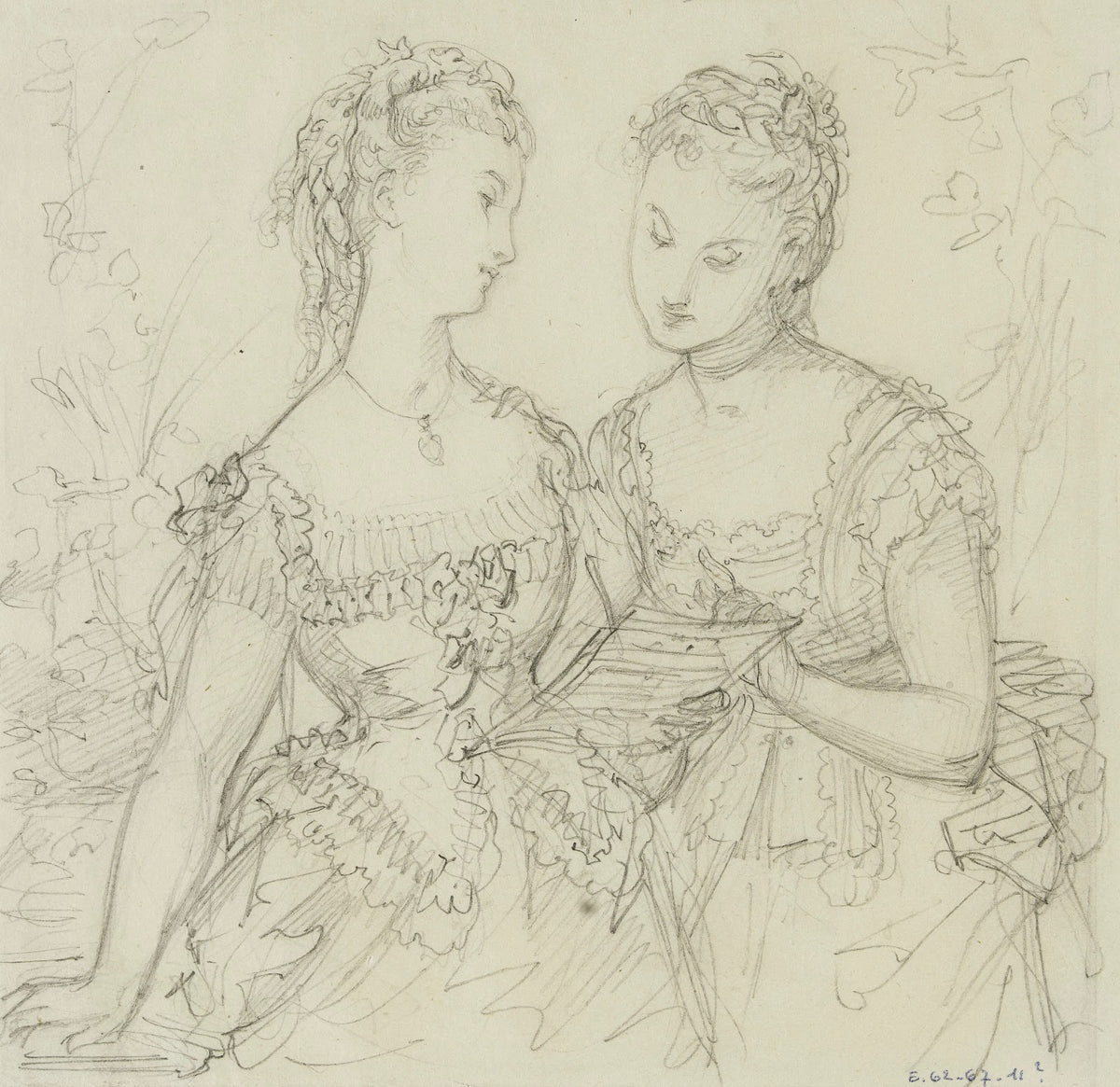 Deux jeunes filles en robes à volants lisant une lettre 1873