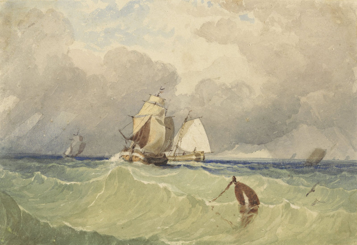 Driemasters en tjalk zeilend in volle zee 1830 1880