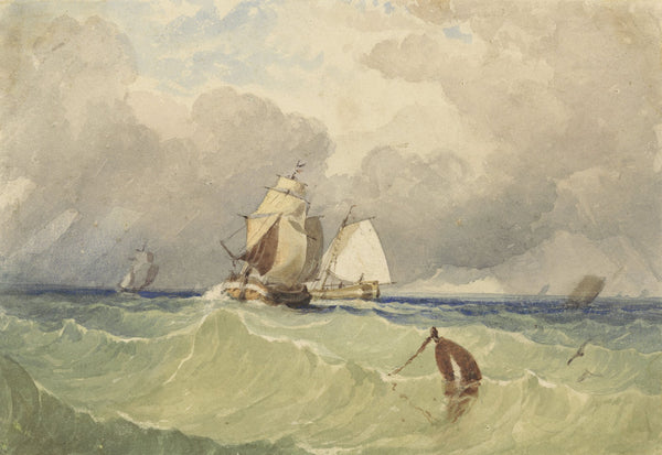 Driemasters en tjalk zeilend in volle zee 1830 1880