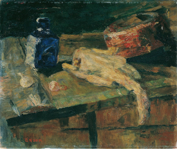 Stillleben mit blauer Flasche und gerupftem Huhn 1910