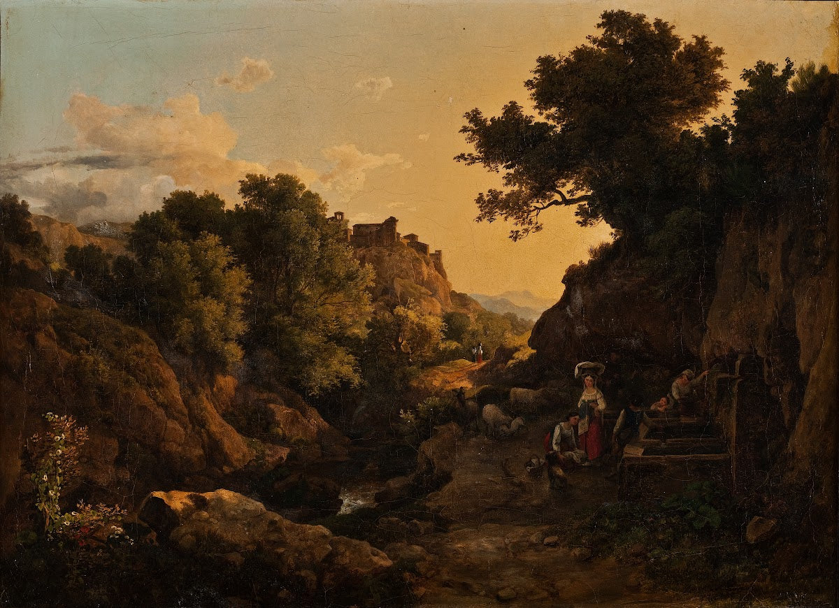 Italian Mountain Scene Woman By A Fountain 1836
