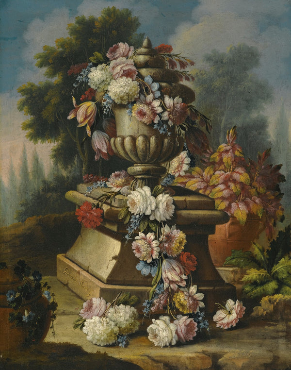 A Still Life With A Garland Of Roses Tulips Carnations And Other Flowers Draped