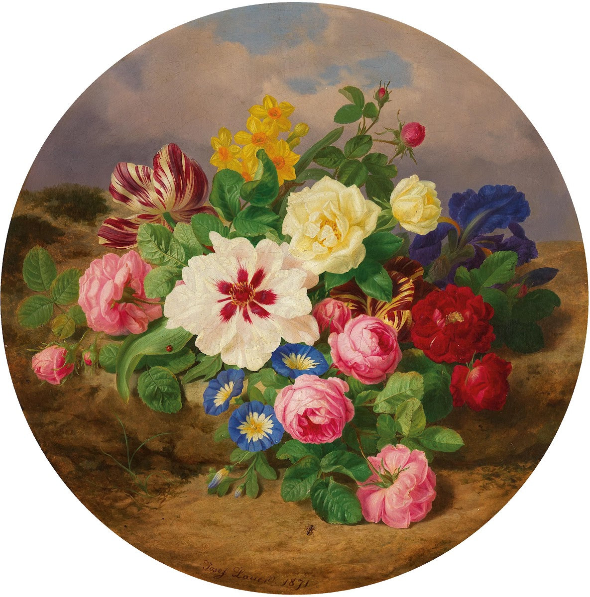 A Bouquet of Roses Tulips and Narcissus on Sandy Ground 1871