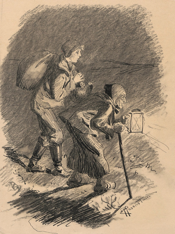 A boy with a bundle and an elderly peasant woman with a stick and a lamp walk th