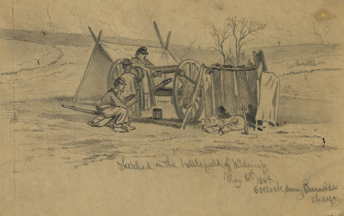 Sketched on battlefield of Wilderness May 6th 1864 6 oclock during Burnsides cha