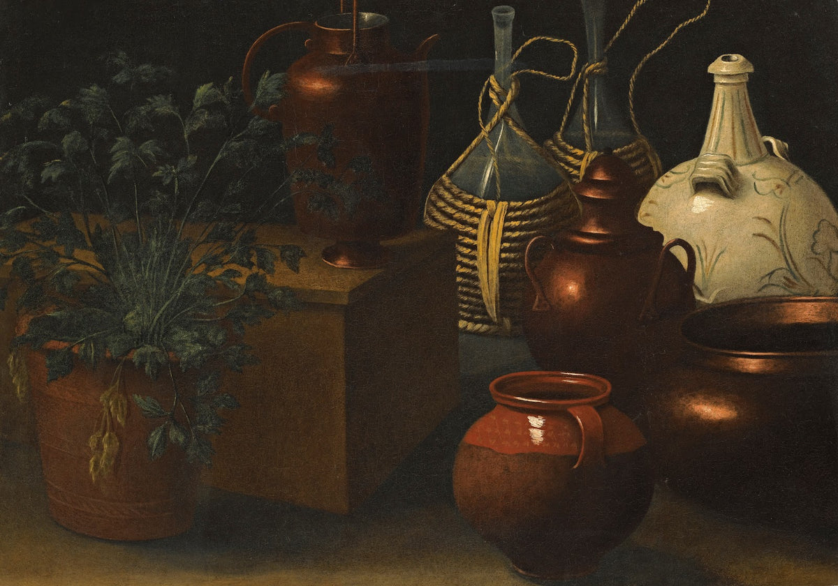 A Still Life With Two Wicker Covered Glass Bottles A Jug A Selection Of Other Po