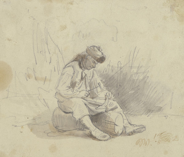 Ein Bauer sitzt auf einem Stück Holz und dengelt seine Sense 1842