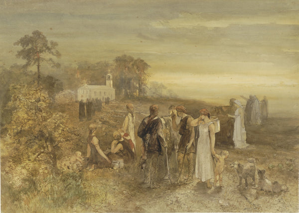 Monniken begeven zich naar een kerk gadegeslagen door een groep Germanen 1871