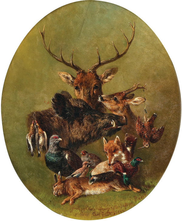 Hunting Still Life with Stag Wild Boar Fox Hare Sparrowhawk and Pheasant 1864