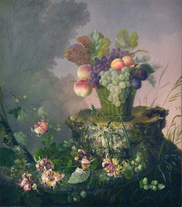 Blomsterkurv Med Frugt Ved En Træstub 1814 1875