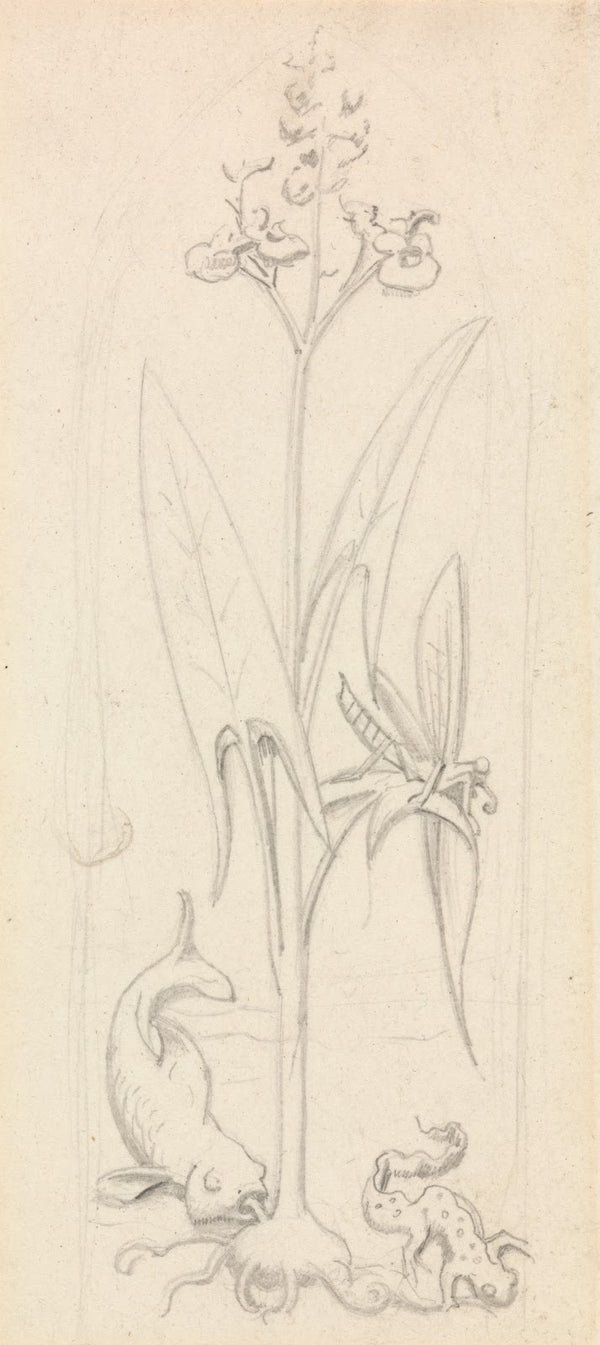 Stained Glass Study Water Plant with Grasshoper Fish and Newt