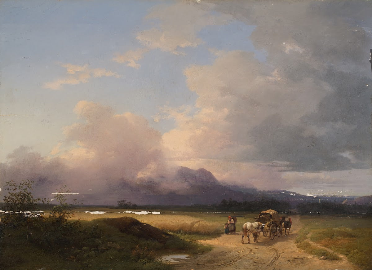 Voralpenlandschaft mit Fuhrwerk auf der Straße 1847