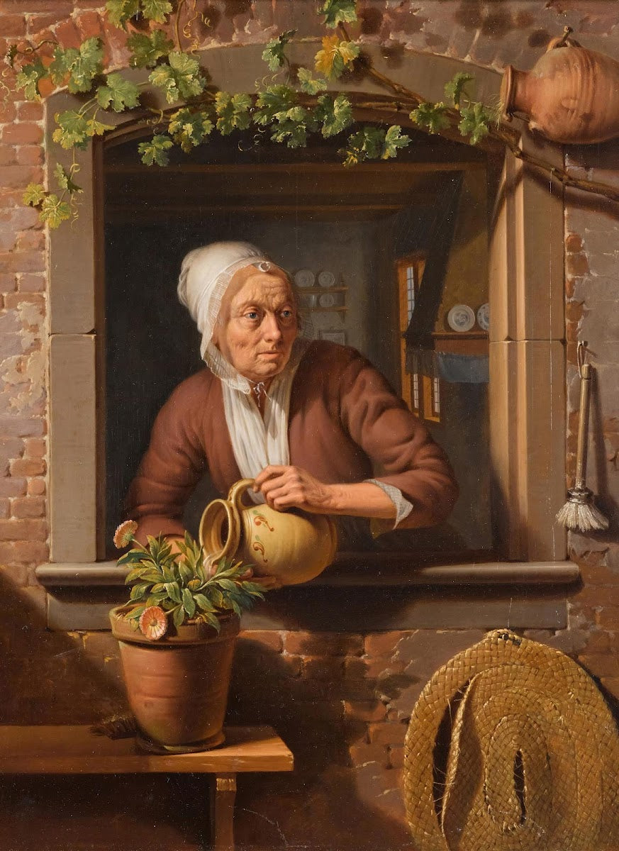 A Peasant Lady Watering A Flower Pot On A Wooden Table With A View Of The Interi