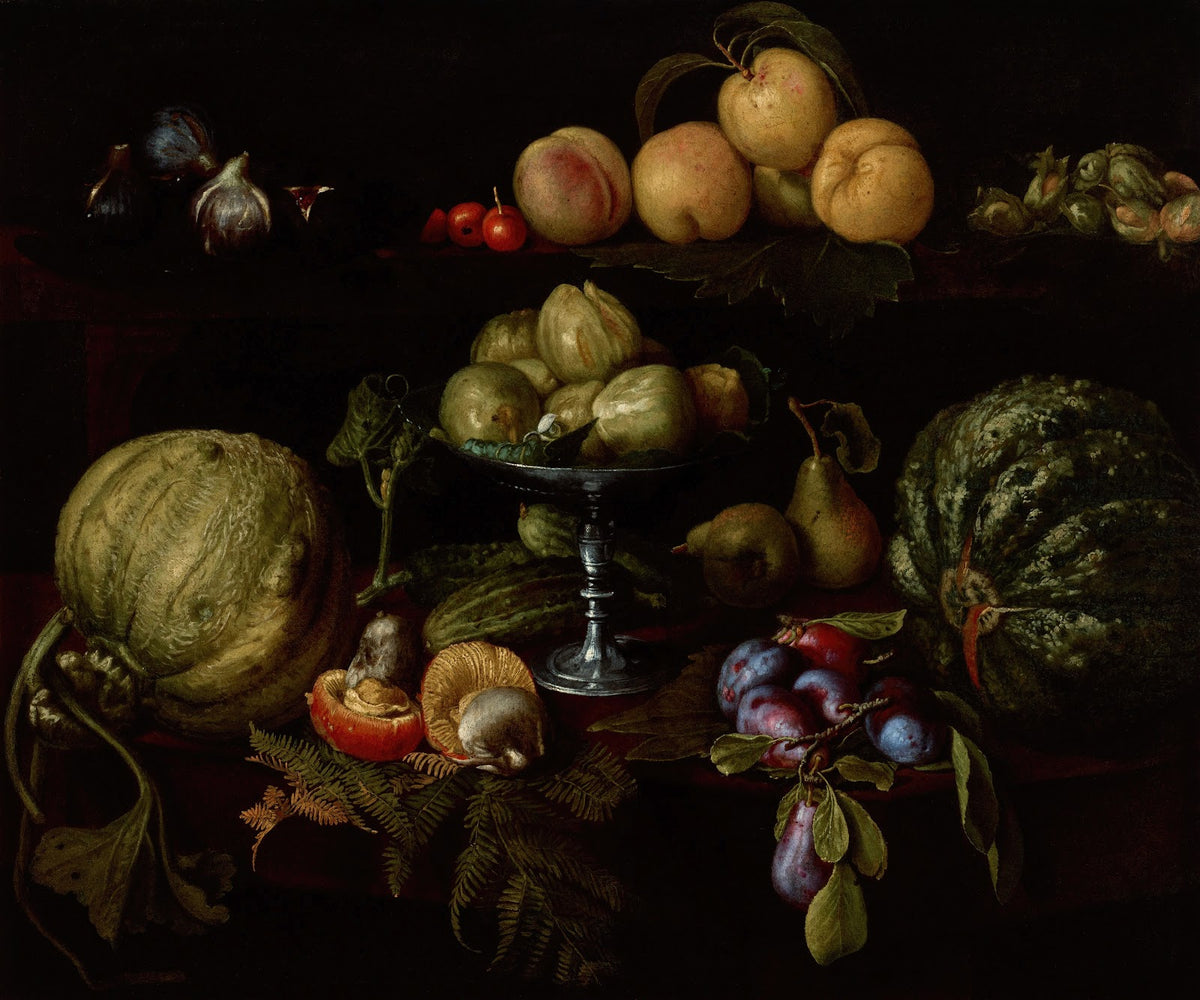 Figs on a Tazza with Pears Quinces Melons Plums Mushrooms on a Table with Figs C