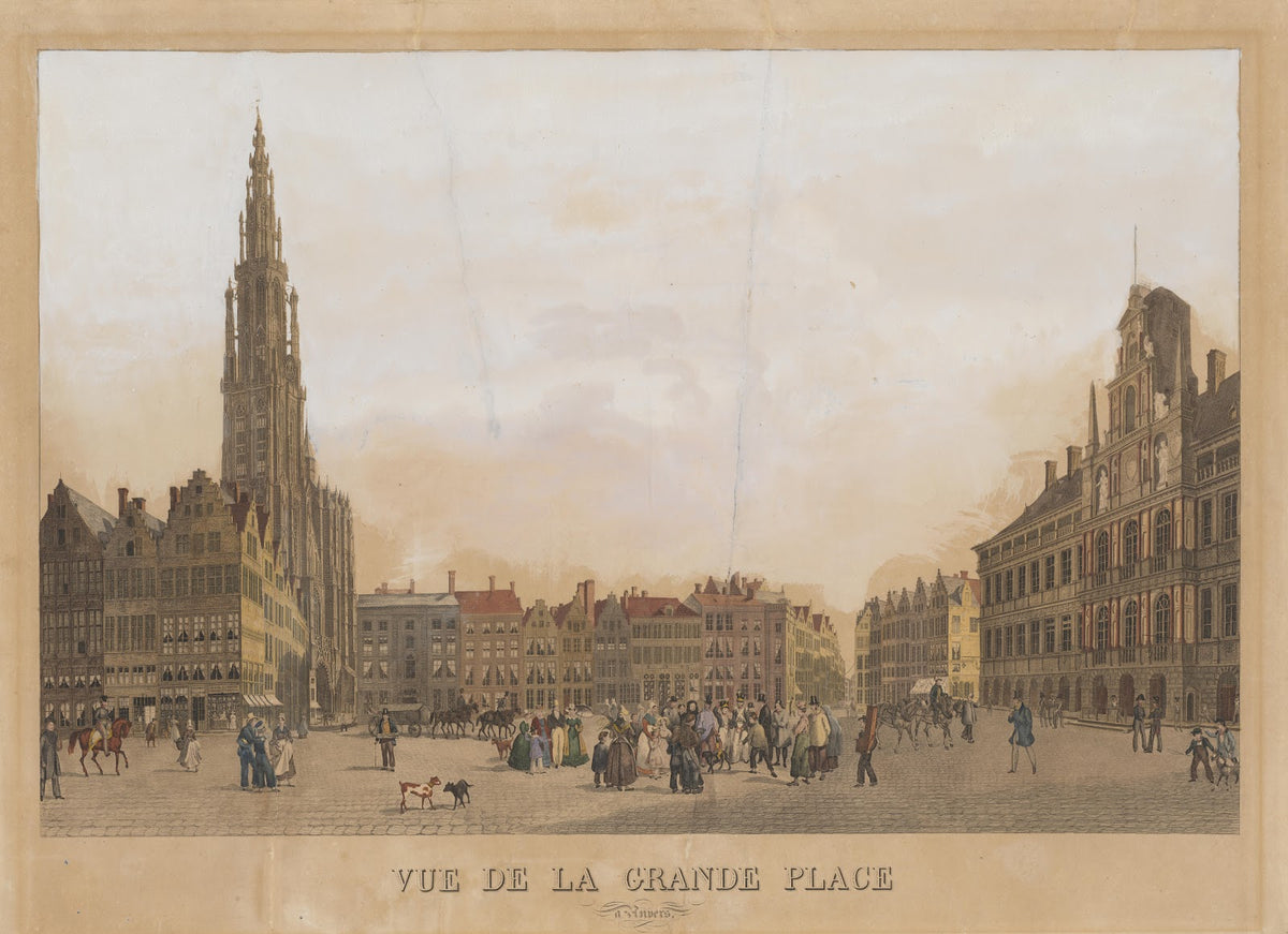 De Grote Markt van Antwerpen met een zicht op het Stadhuis en de toren van de ka