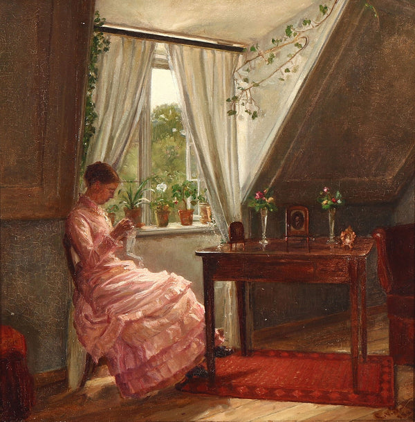 Interiør med Anna Augusta Åhman der syr ved et vindue 1884