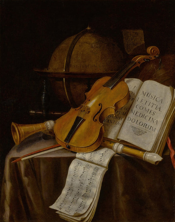 Vanitas still life with a violin recorders music manuscripts and a globe