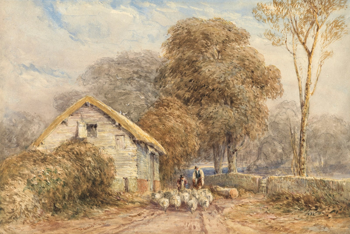 A traveller on horseback with a shepherd and his sheep by a barn on a country ro