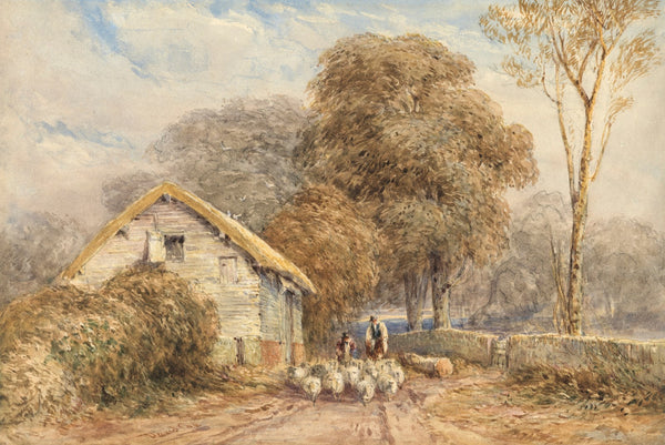 A traveller on horseback with a shepherd and his sheep by a barn on a country ro