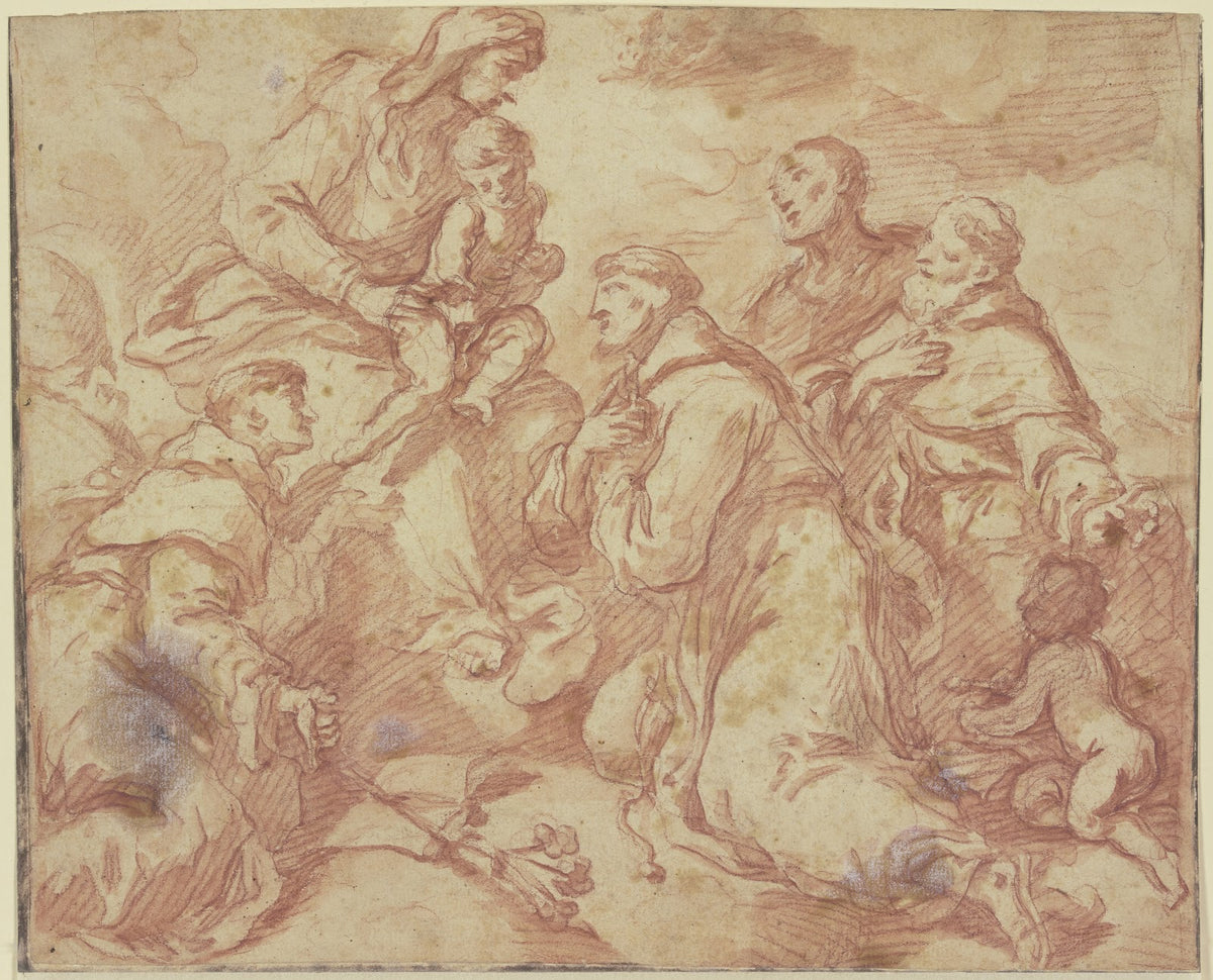 Die Muttergottes mit dem Jesuskind auf Wolken umgeben von den Heiligen Antonius