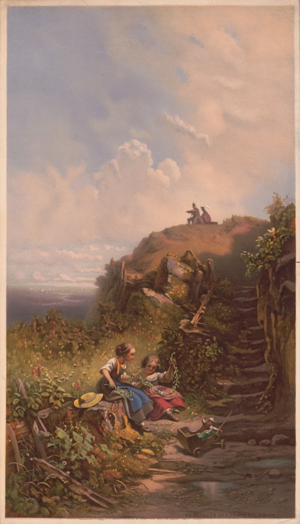 Two young girls weaving strands of flowers 1872