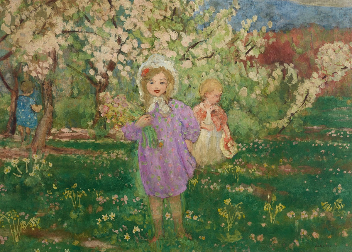 Enfants dans un verger fleuri circa 1914