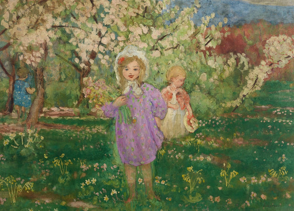 Enfants dans un verger fleuri circa 1914
