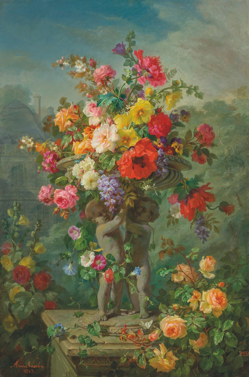 Roses Poppies Hollyhocks Pansies and Wisteria in a stone urn supported by putti