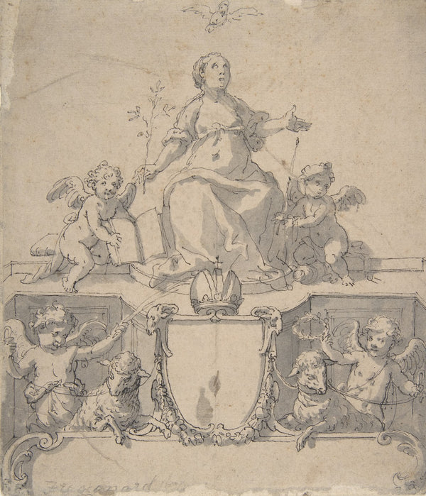 Cartouche with a Crown the Virgin and the Holy Ghost and Four Putti early 17th c