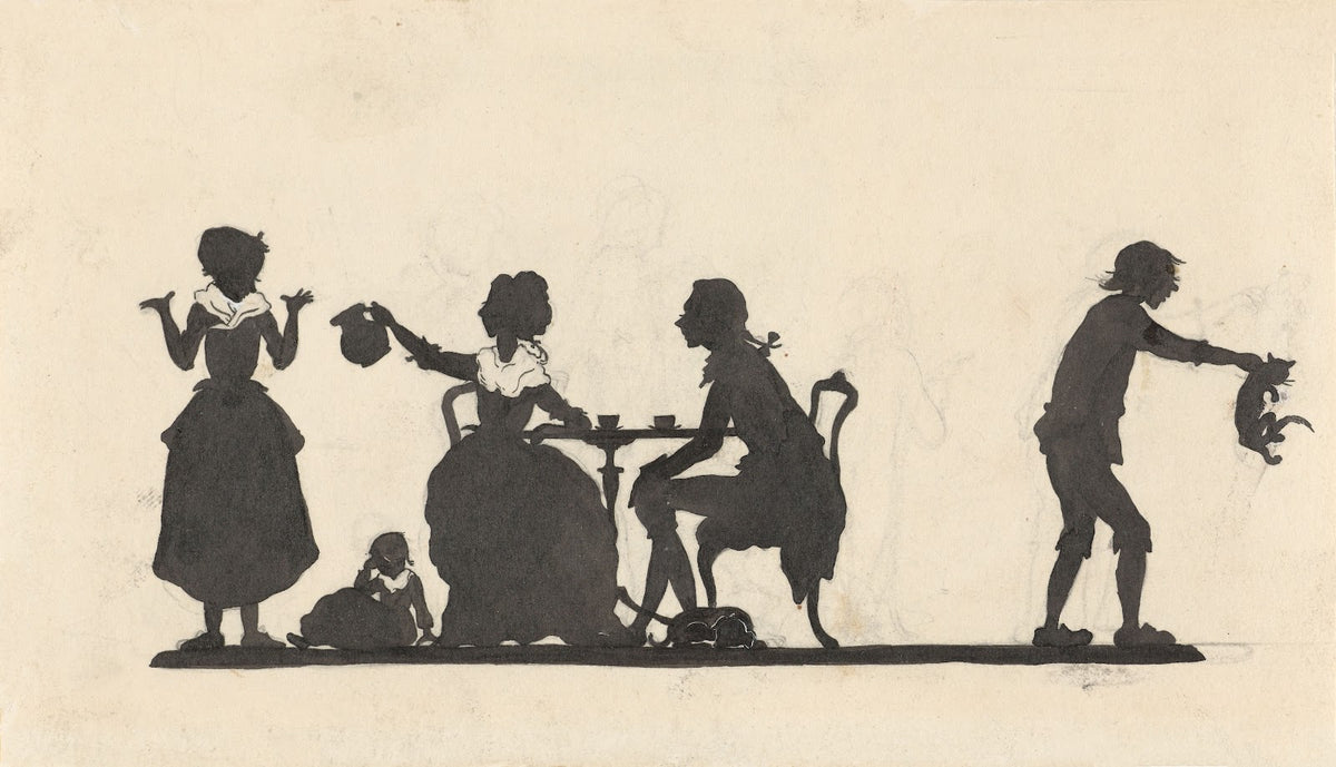 Silhouet van de familie die de kat het huis uitjaagt 1884 1917