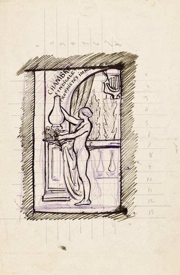 Jeune femme nue devant une balustrade préparant un bouquet dans un vase