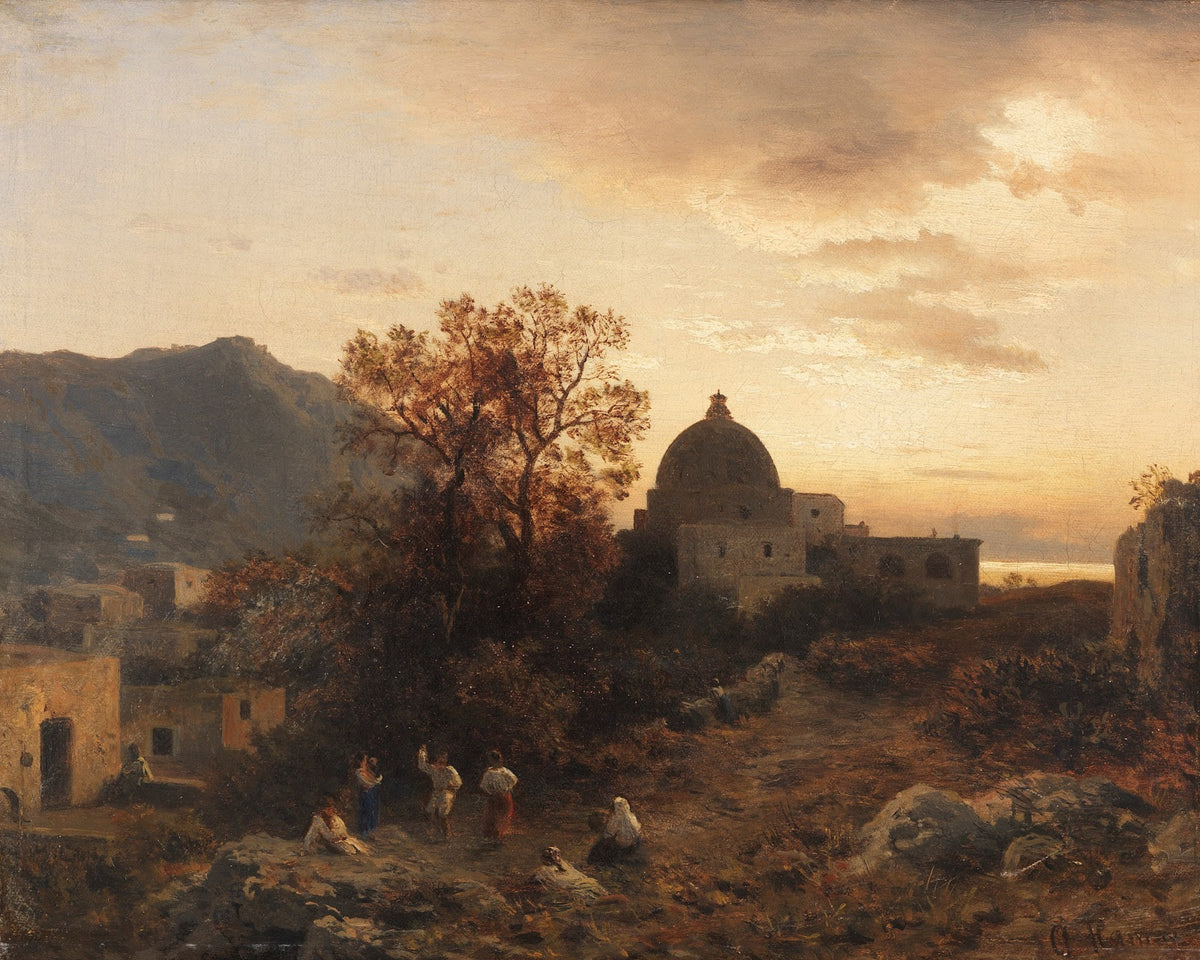 Abendstimmung an der italienischen Küste mit tanzenden Figuren 1866