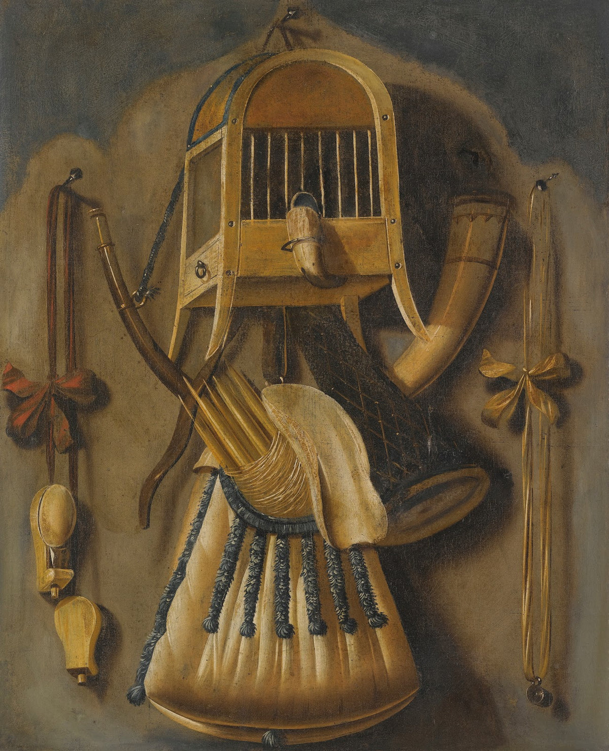 A Trompe Loeil Still Life With A Bird Cage A Hunting Horn A Bird Whistle And Oth