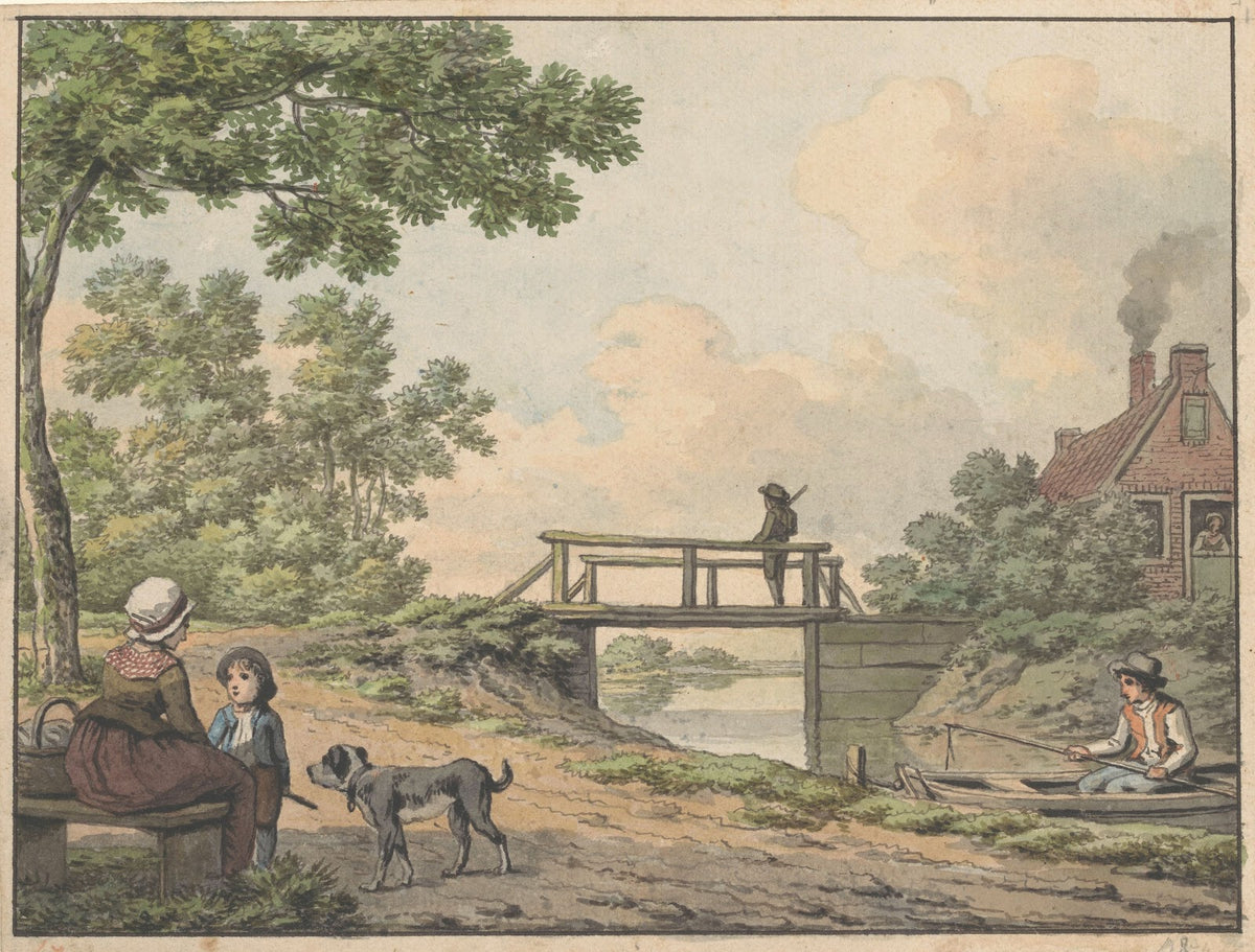 Landschap met figuren en een bruggetje bij een boerenwoning 1756 1813