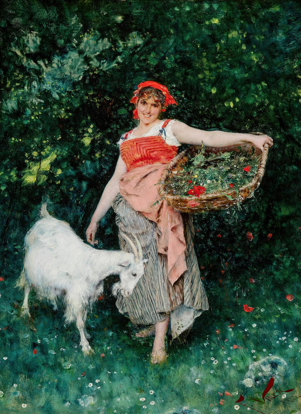 A Young Italian Woman with a Goat and a Flower Basket 1882