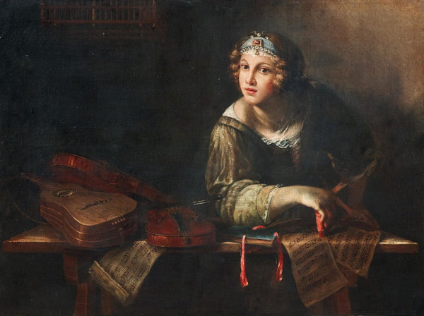 Allegorical Figure with musical instruments and sheets of music