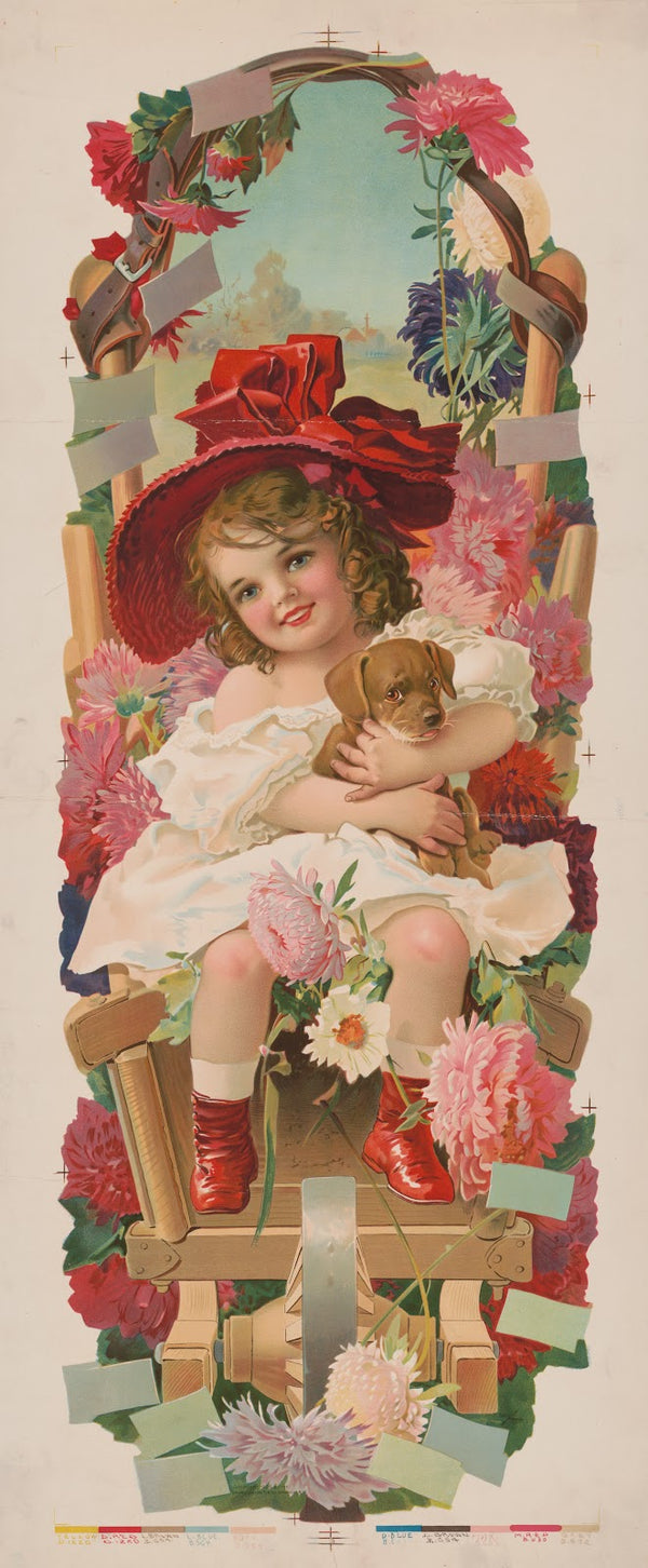 Little girl with a red hat holding a puppy dog 1906