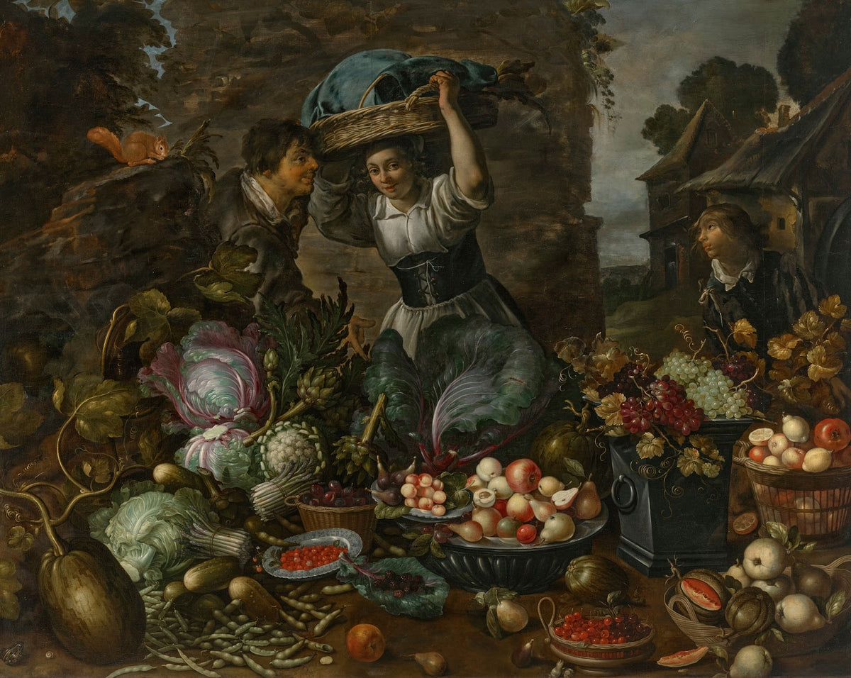 A market stall laden with fruit and vegetables with a man gesturing towards the