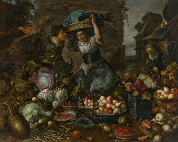 A market stall laden with fruit and vegetables with a man gesturing towards the