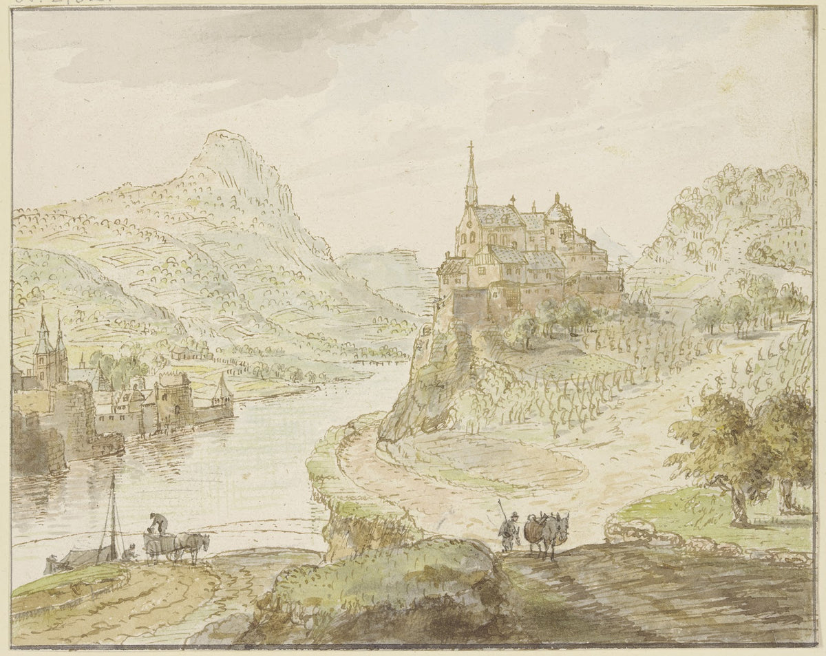Fluß zwischen Bergen rechts auf einem Felsen ein Kloster