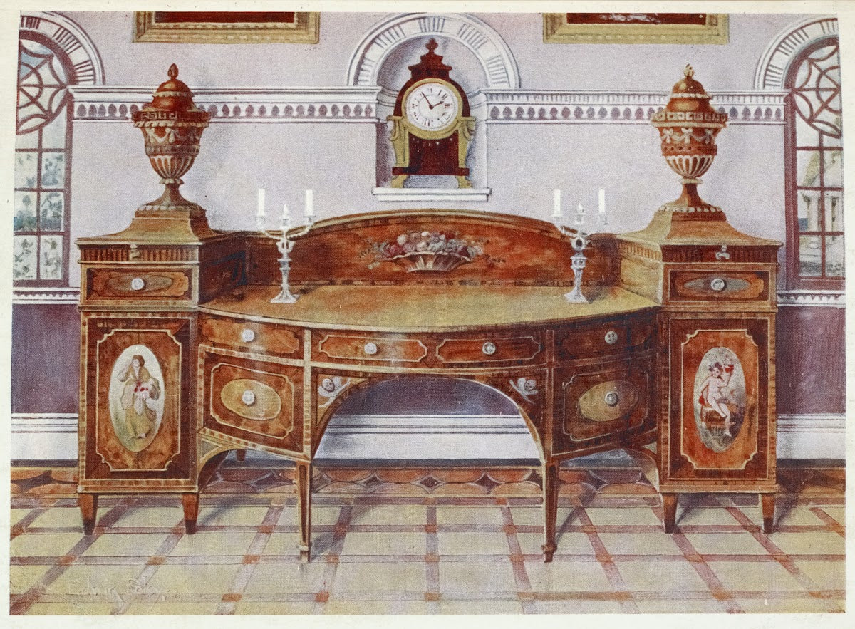 Painted and inlaid satinwood sideboard Mahogany bracket clock 1910 1911
