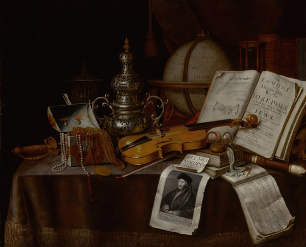 Vanitas still life with a violin silver incense burner globe sword box of jewelr