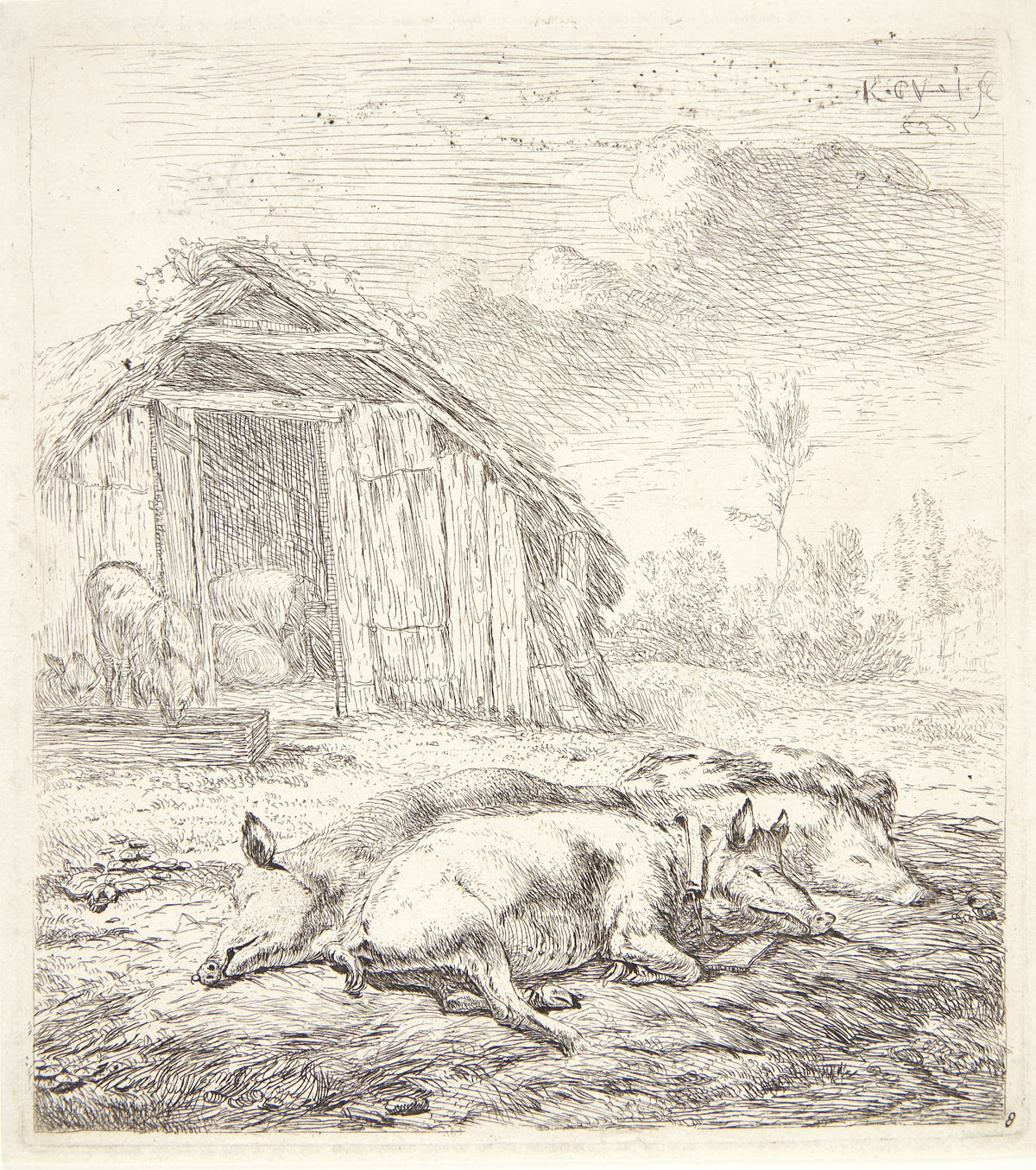 Tre grise liggende ved en svinesti 1652
