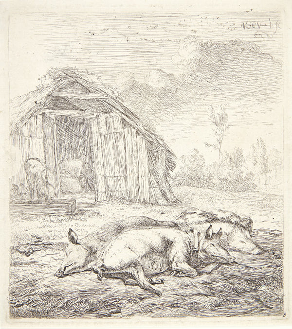 Tre grise liggende ved en svinesti 1652