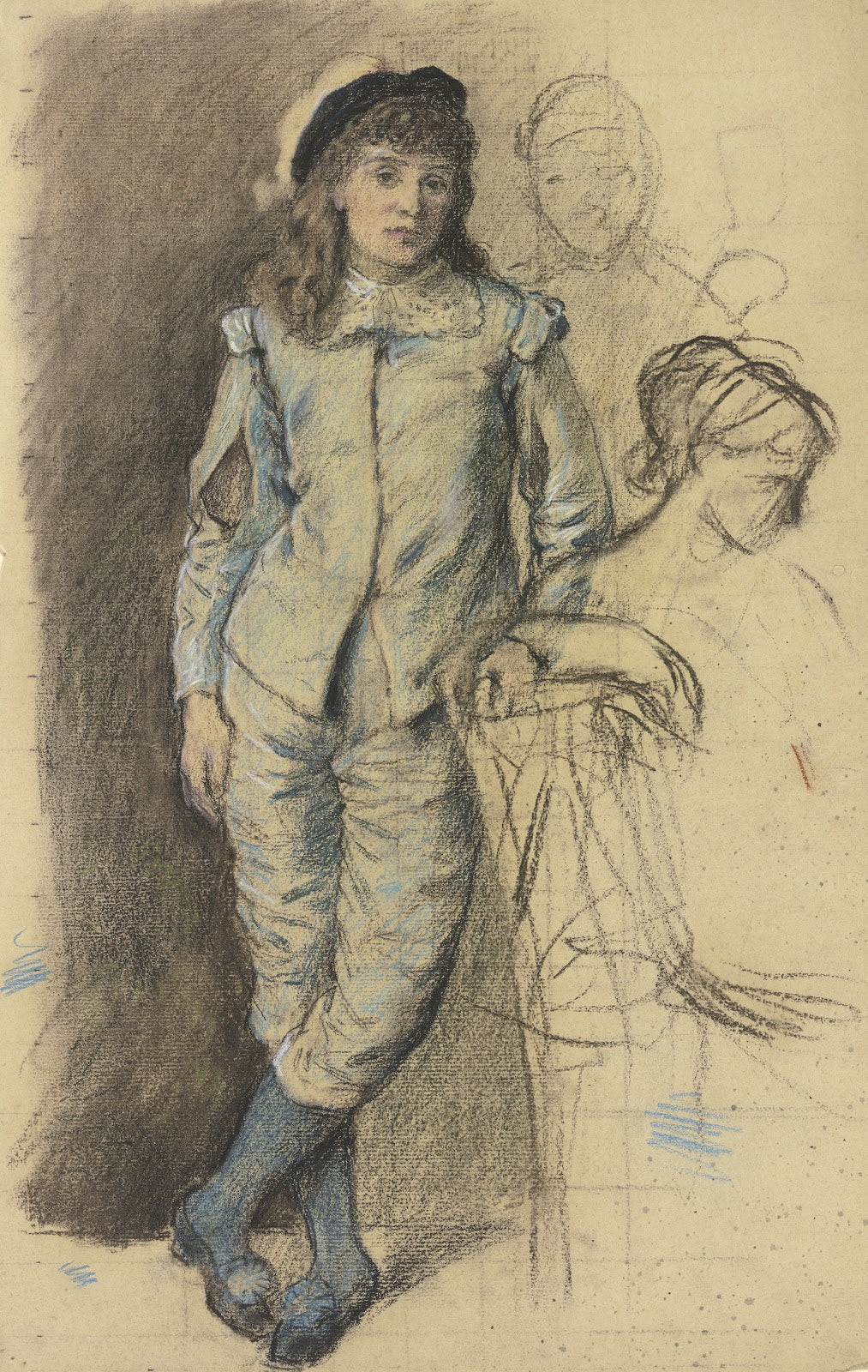 Stehender Junge in blauem Kostüm aus den Maskierten ca 1880