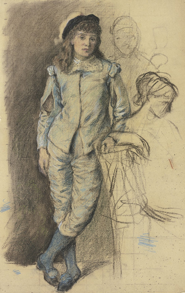 Stehender Junge in blauem Kostüm aus den Maskierten ca 1880