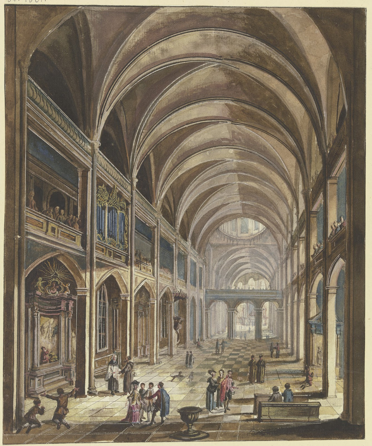 Blick In Ein Kircheninneres Mit Barockausstattung Viele Figuren Als Staffage ca