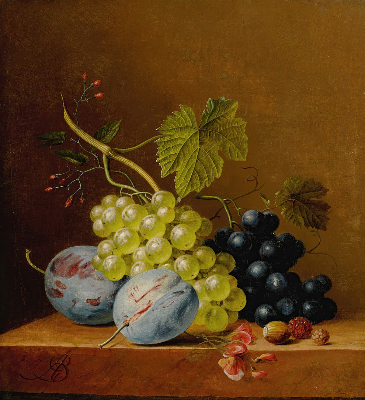Grapes plums raspberries flowers and an acorn on a wooden ledge